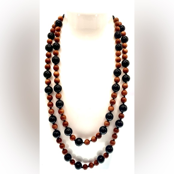Artisan Jewelry - Beautiful Long Strand Fine Genuine Knotted Goldstone Black Onyx Beaded Necklace